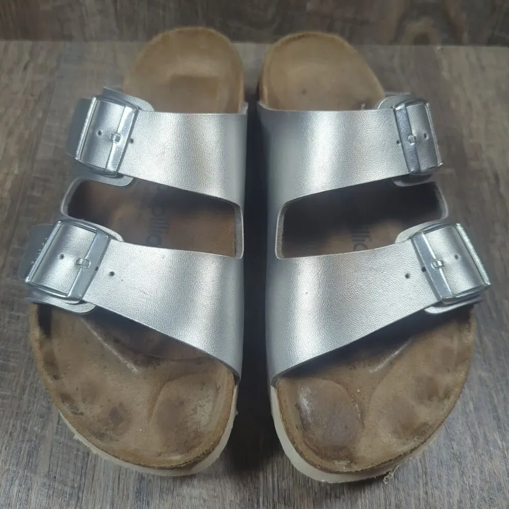 Papillio Birkenstock Silver Metallic Arizona Platform Sandals Womens Sz 8 EU 39 - Picture 4 of 13